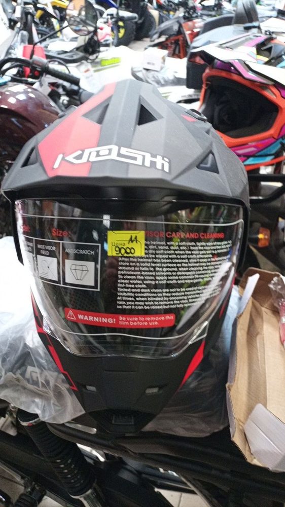 KIOSHI 802 эндуро с козырьком и откидным визором, матовый чёрный/красный